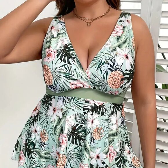 Women's Plus Size 2Pc Tropical Print Summer Tankini Bathing Suit Set 16W - 18W - Picture 4 of 11